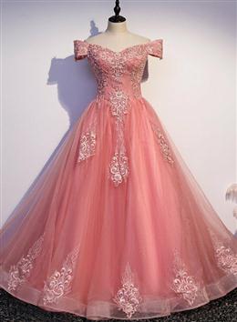 Picture of Charming Pink Off Shoulder Lace Applique Sweetheart Party Dresses, Pink Prom Dresses